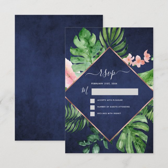Tropical Palm Watercolor Navy Blue Wedding RSVP Invitation (Front/Back)