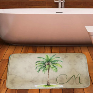 Tropical  Palm Watercolor Tree Monogram Elegant Bath Mat