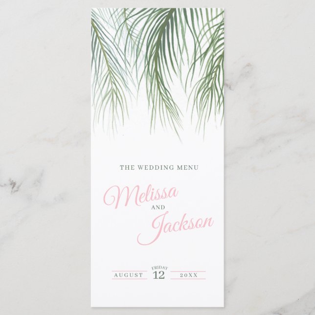 Tropical palm watercolor wedding green pink menu (Front)