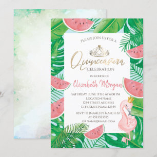 Tropical Palm Watermelon Pink Flamingo Invitation