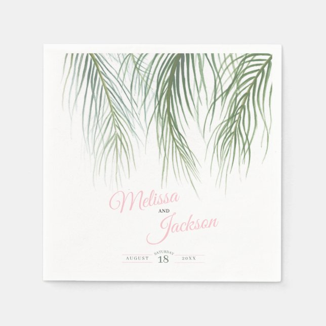 Tropical palm wedding lush dark green pink white napkin (Front)