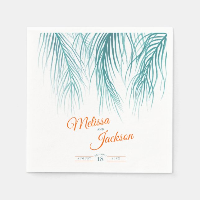 Tropical palm wedding lush teal blue orange white napkin (Front)