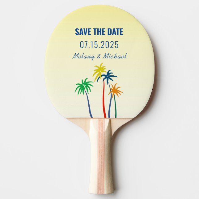 Tropical Palm Wedding Save The Date Invitation Ping Pong Paddle (Front)