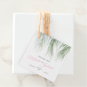 Tropical palm wedding thanks dark green pink white favour tags