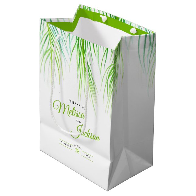 Tropical palm wedding thanks lush green and white medium gift bag (Front Angled)