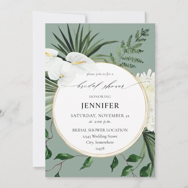 Tropical Palm & White Floral Bridal Shower -MGreen Invitation (Front)