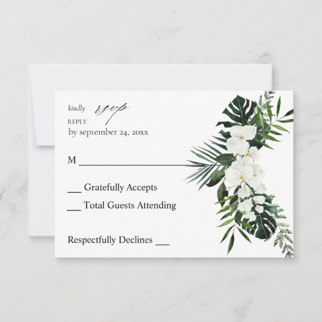 Tropical Palm & White Floral no Meal RSVP Card (Front)