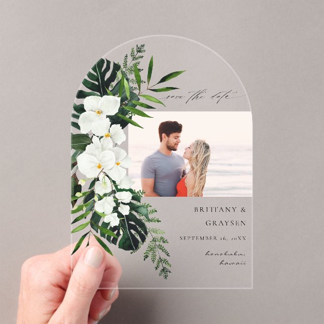 Tropical Palm & White Floral Save the Date Photo A Acrylic Invitations (Insitu (Handheld))