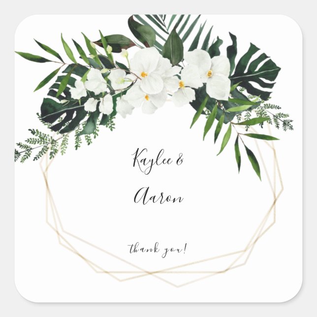 Tropical Palm & White Floral Thank You 2 Square Sticker (Front)