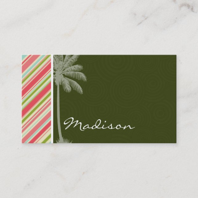 Tropical Palm with Coral & Green Stripes Business Card (Front)
