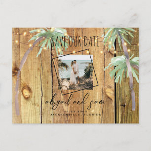 Tropical Palm & Wood Couple Photo Save Our Date Postcard