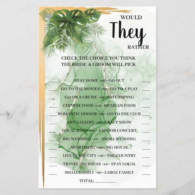 Tropical Palm Would They Rather Shower Game Card (Front)