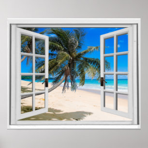 Tropical Palms and Ocean Faux Window View Poster