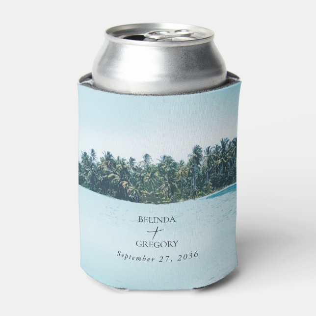 Tropical Palms & Beach Destination Wedding  Can Cooler (Can Front)