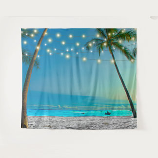 Tropical Palms Beach Lights Photobooth Backdrop Tapestry
