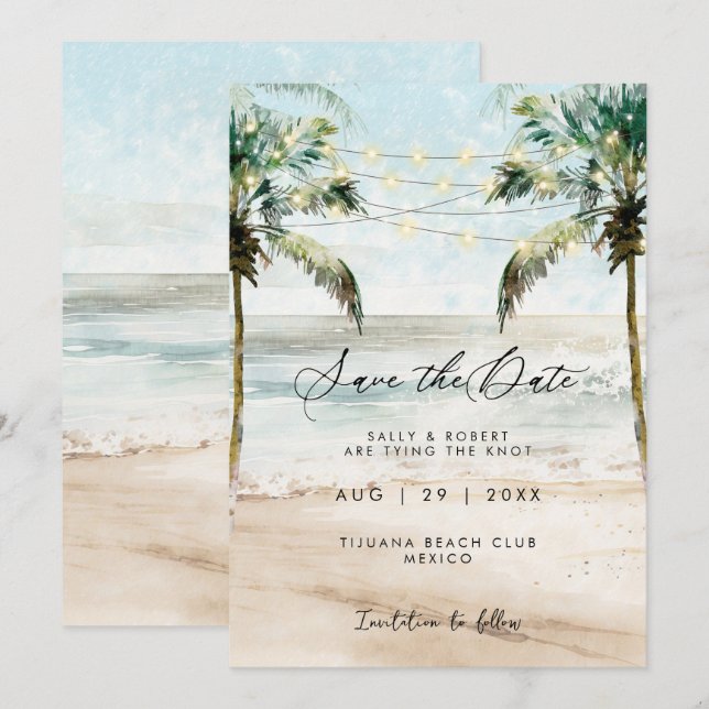 Tropical palms beach lights save the date card (Front/Back)