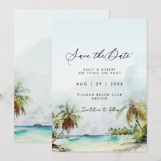 Tropical palms beach scene save the date card (Front/Back)