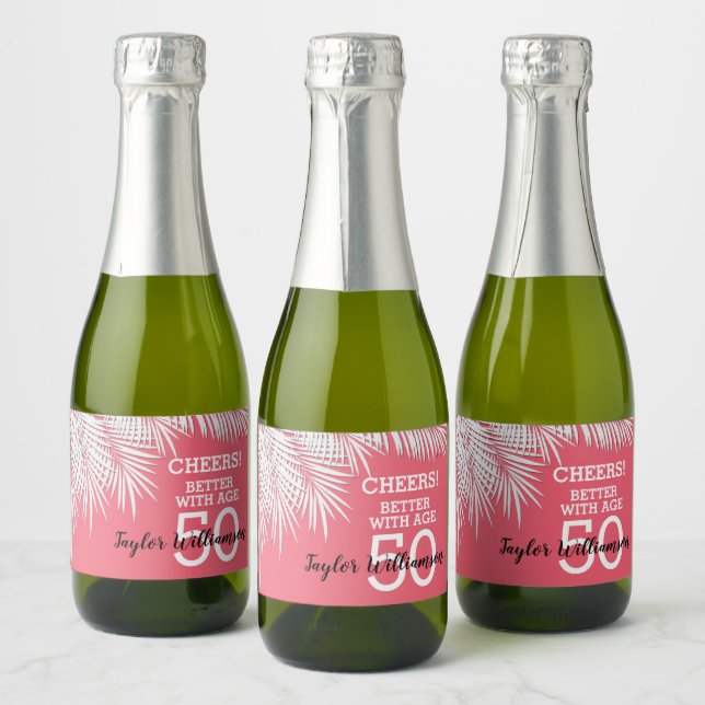 Tropical Palms Birthday Pink Mini Sparkling Wine Label (Bottles)
