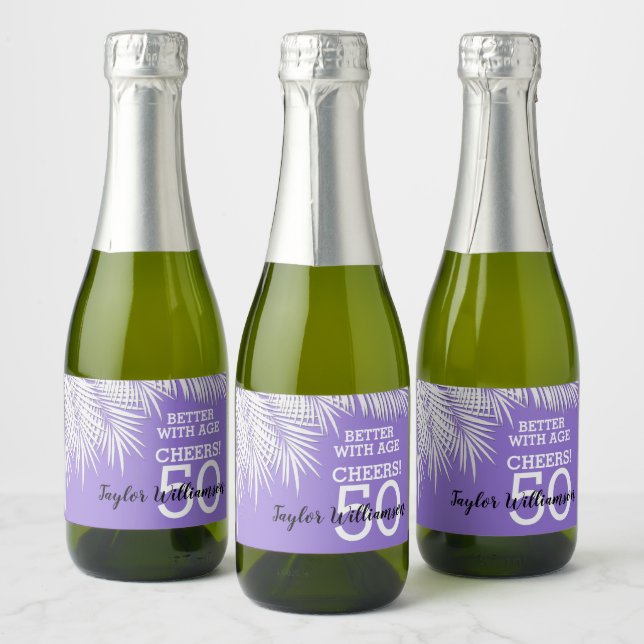 Tropical Palms Birthday Purple Mini Sparkling Wine Label (Bottles)