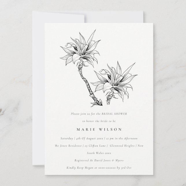 Tropical Palms Black White Sketch Bridal Shower Invitation (Front)