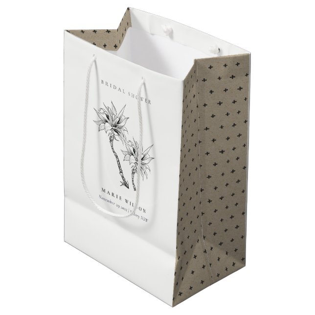 Tropical Palms Black White Sketch Bridal Shower Medium Gift Bag (Front Angled)