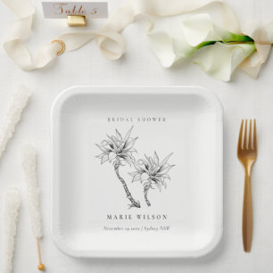 Tropical Palms Black White Sketch Bridal Shower Paper Plate