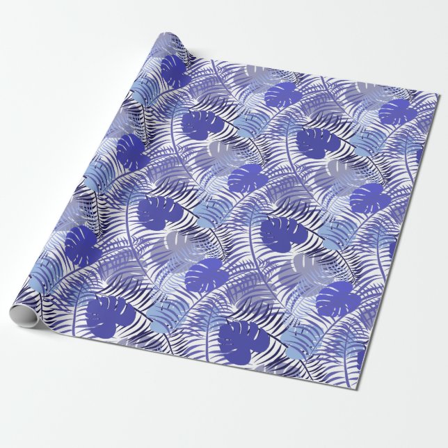 Tropical Palms Blue White Jungle Print Wrapping Paper (Unrolled)