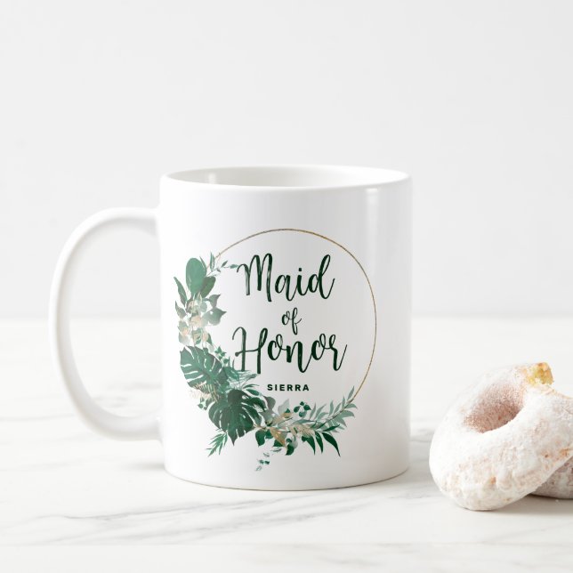 Tropical Palms Gold Circle Maid of Honour Coffee Mug (With Donut)