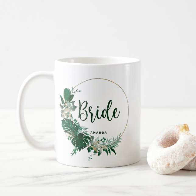 Tropical Palms Gold Circle Personalized Bride Coffee Mug (With Donut)