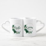 Tropical Palms Gold Circle Wreath Bride and Groom Coffee Mug Set<br><div class="desc">Tropical Foliage Trendy Greenery and Gold Wreath Circle Personalized Bride & Groom Nesting His and Her Coffee Mugs - with tropical leaf wreaths. A fun newlywed gift idea keepsake. in a bold colour palette of rich greens, emerald, and gold. This design is perfect for a beach, destination, or summer wedding....</div>