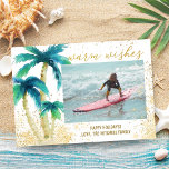 Tropical Palms Gold Warm Wishes Christmas Photo Holiday Card<br><div class="desc">Tropical beach Christmas photo card features watercolor palm trees,  "Warmest Wishes" greeting and sparkly gold sand flecks. Reverse side is gold with palm trees in silhouette. Personalize it with a favorite photo,  your name(s) and greeting (shown with Happy Holidays). Original artwork KL Stock.</div>