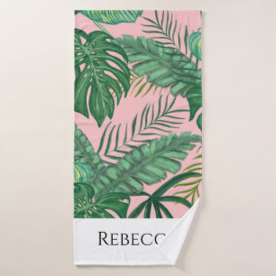 Tropical Palms Leaves Stripe Name Pink Beach Towel