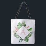 Tropical Palms Monogram Blush Pink Wedding Tote Bag<br><div class="desc">Destination Location - Tropical Palms Beach Botanical Blush Pink and Green Watercolor Spring Wedding Monogram Tote Bags on canvas background - includes beautiful and elegant script typography with modern botanical leaves and greenery for the special Gift for a Wedding, Bridal Shower (Bride or Bridesmaid), Baby Shower, Bachelorette Party, Sweet 16,...</div>
