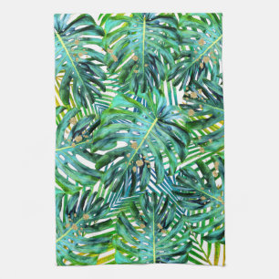 Tropical Palms Monstera Leaves Gold Glitter Kitchen Towel