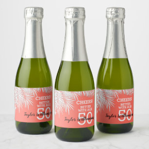 Tropical Palms on Coral Birthday Mini Sparkling Wine Label