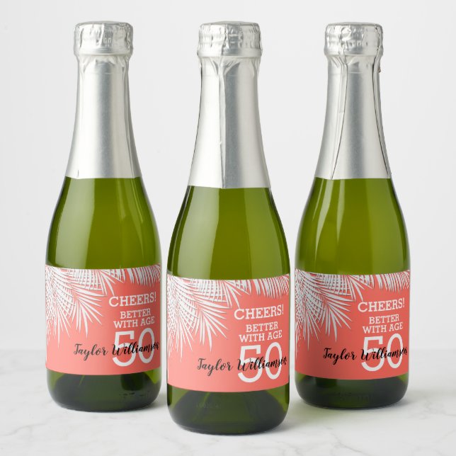 Tropical Palms on Coral Birthday Mini Sparkling Wine Label (Bottles)