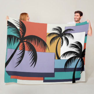 Tropical Palms on Geometric Sunset Background Fleece Blanket