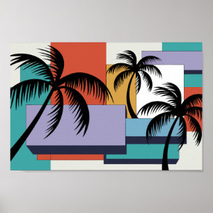 Tropical Palms on Geometric Sunset Background Poster