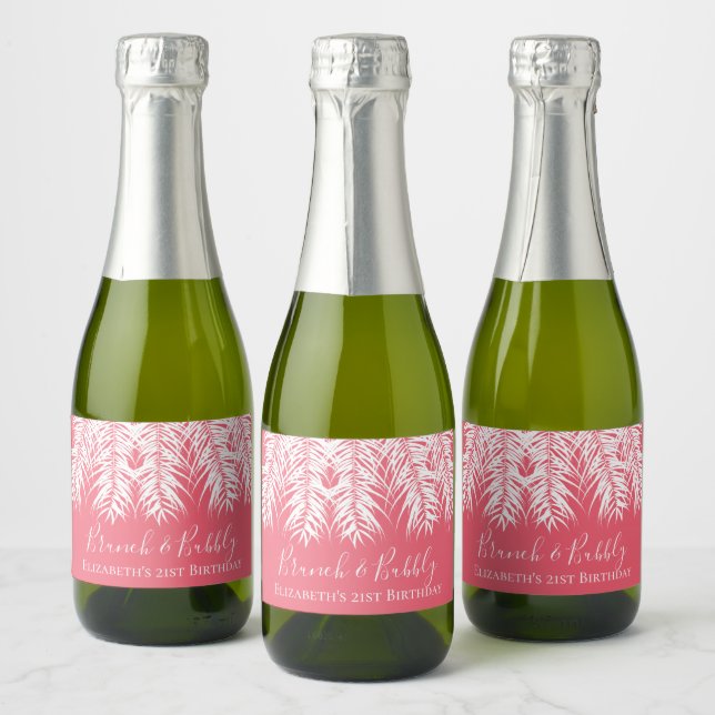 Tropical Palms Pink 21st Birthday Mini Sparkling Wine Label (Bottles)
