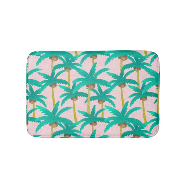 Tropical Palms: Watercolor Summer Pattern Bath Mat (Front)