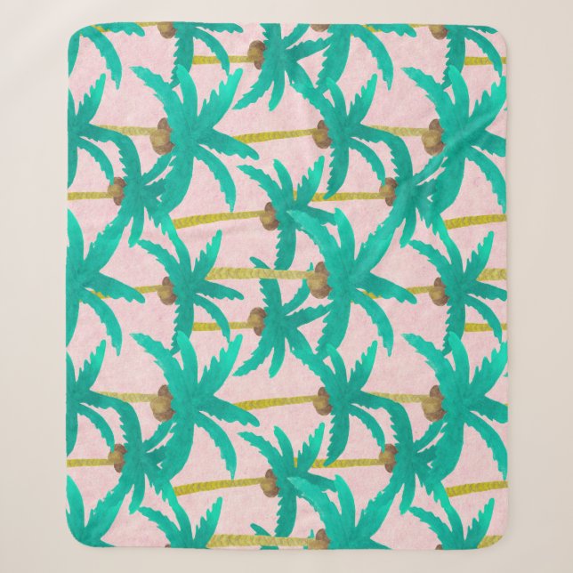 Tropical Palms: Watercolor Summer Pattern Sherpa Blanket (Front)
