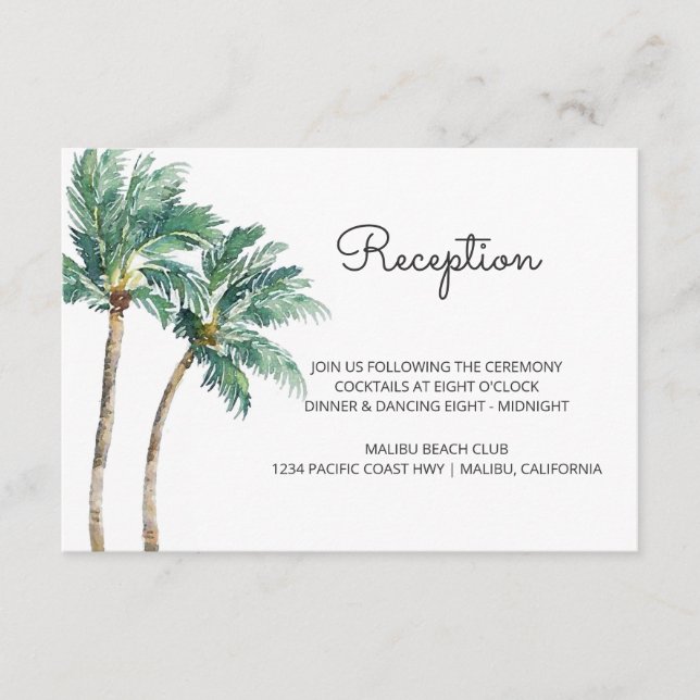 Tropical Palms | Watercolor Wedding Reception Enclosure Card (Front)
