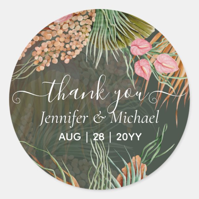 Tropical Pampas Grass Terracotta Wedding Classic Round Sticker (Front)