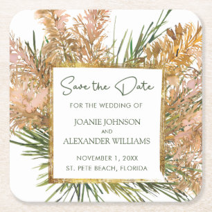 Tropical Pampas Grass Wedding Save the Date Square Paper Coaster