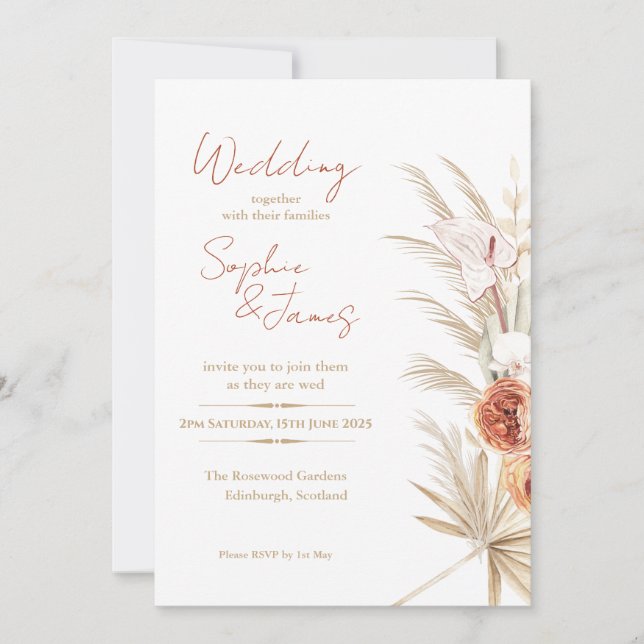 Tropical Pampas & Roses Wedding Invitation (Front)