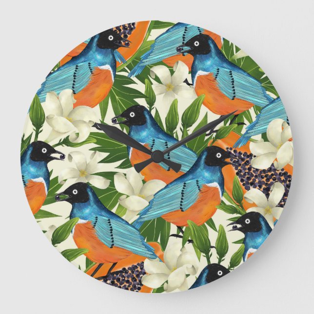 Tropical papaya and bird pattern. large clock (Front)