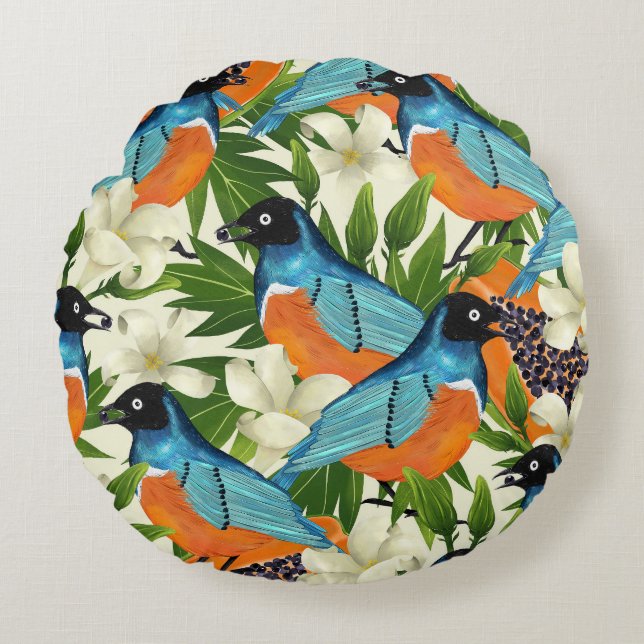 Tropical papaya and bird pattern. round pillow (Front)