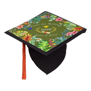 Tropical Paradise-1 & gold wreath, Name and School Graduation Cap Topper