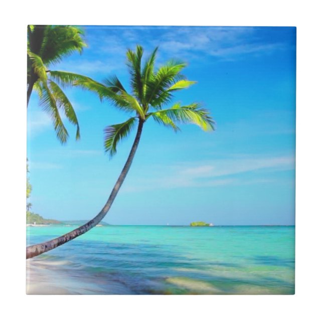 Tropical Paradise Beautiful Beach and Palm Trees  Tile (Front)