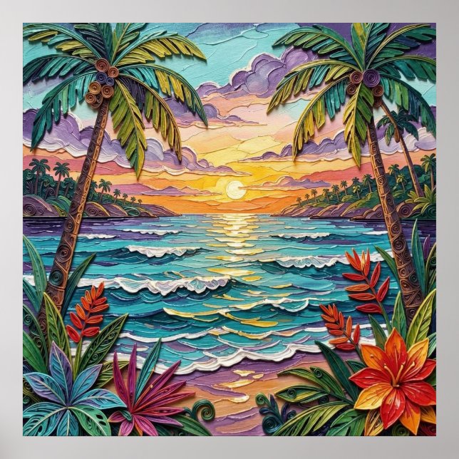 Tropical Paradise | Coastal Beach Scene Impasto Poster (Front)